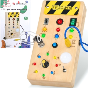 SENSORYCZNA DREWNIANA TABLICA MANIPULACYJNA Z WŁĄCZNIKAMI I ŚWIATEŁKAMI LED